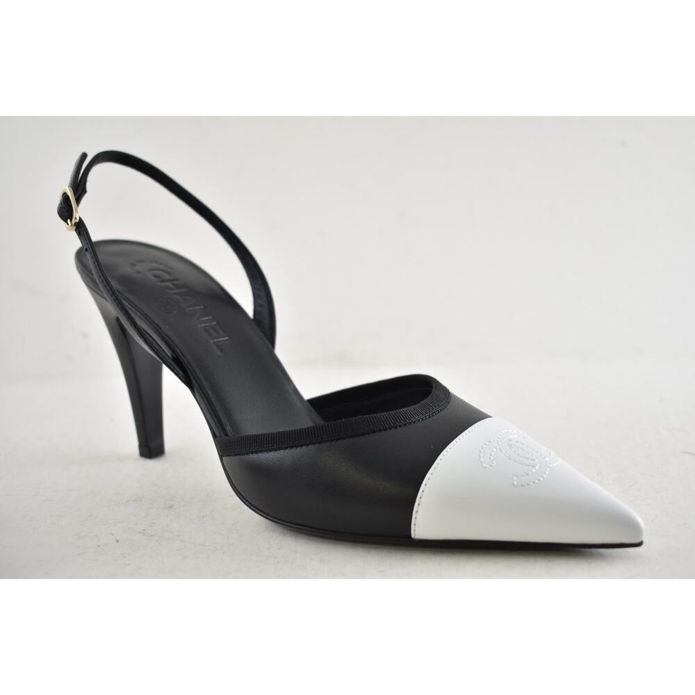 Chanel 26P Black White CC Logo Cap Pointed Toe Slingback Mule Heel Pump 39.5 - Picture 6 of 16